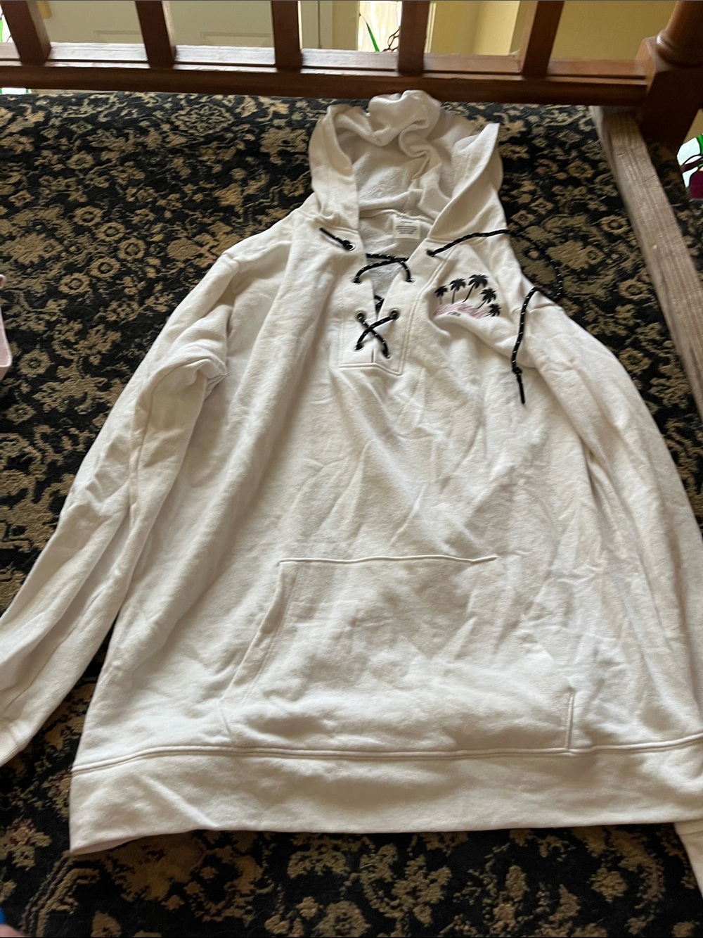 PINK Victoria's Secret White Lace-Up Hoodie with Black Drawcords and Palm Detail
